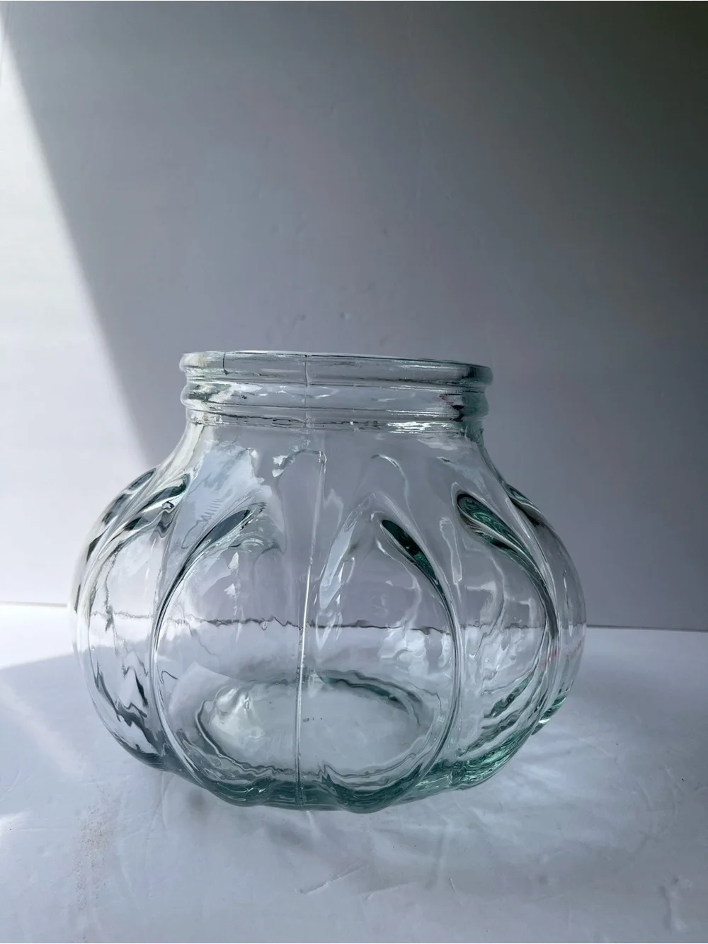 Vintage Pumpkin Potbelly Glass Apothecary Jar. Wood Lid. Canister 7.75